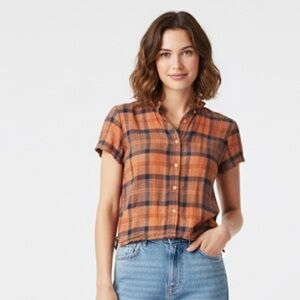 CPShades Short Sleeve Linen Button Down Top Orange Plaid Size Small